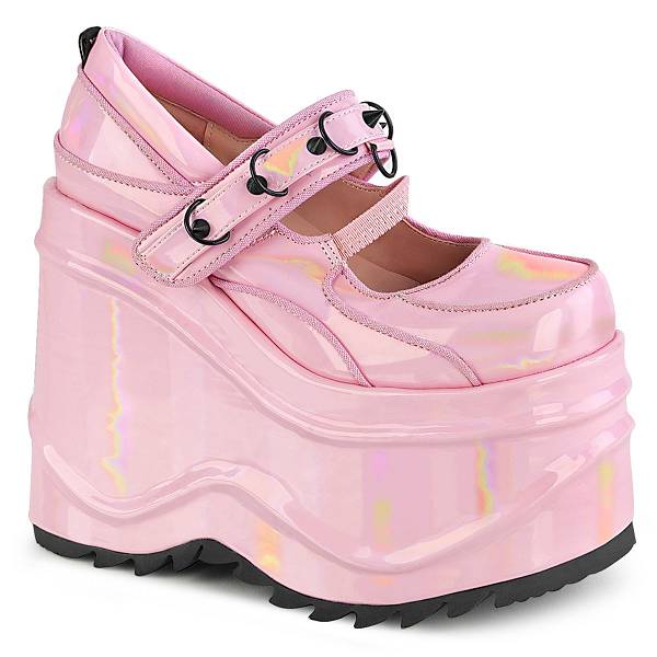 Demonia Wave-48 Baby Pink Hologram Patent Schuhe Herren D685-071 Gothic Mary Jane Schuhe Plateau Pink Deutschland SALE